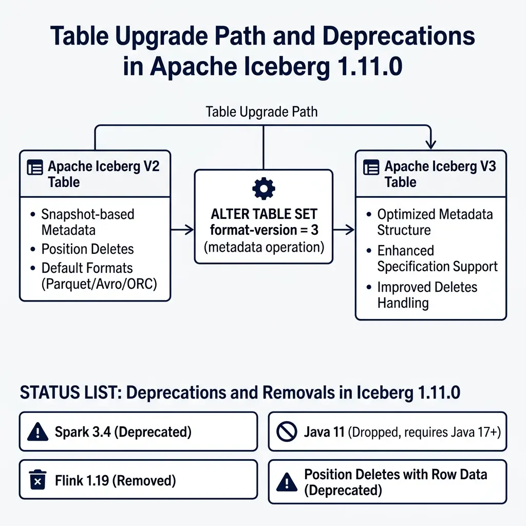 Table upgrade timeline showing migration SQL and deprecated connector support list