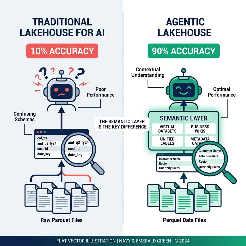 Traditional lakehouse vs agentic lakehouse for AI agents