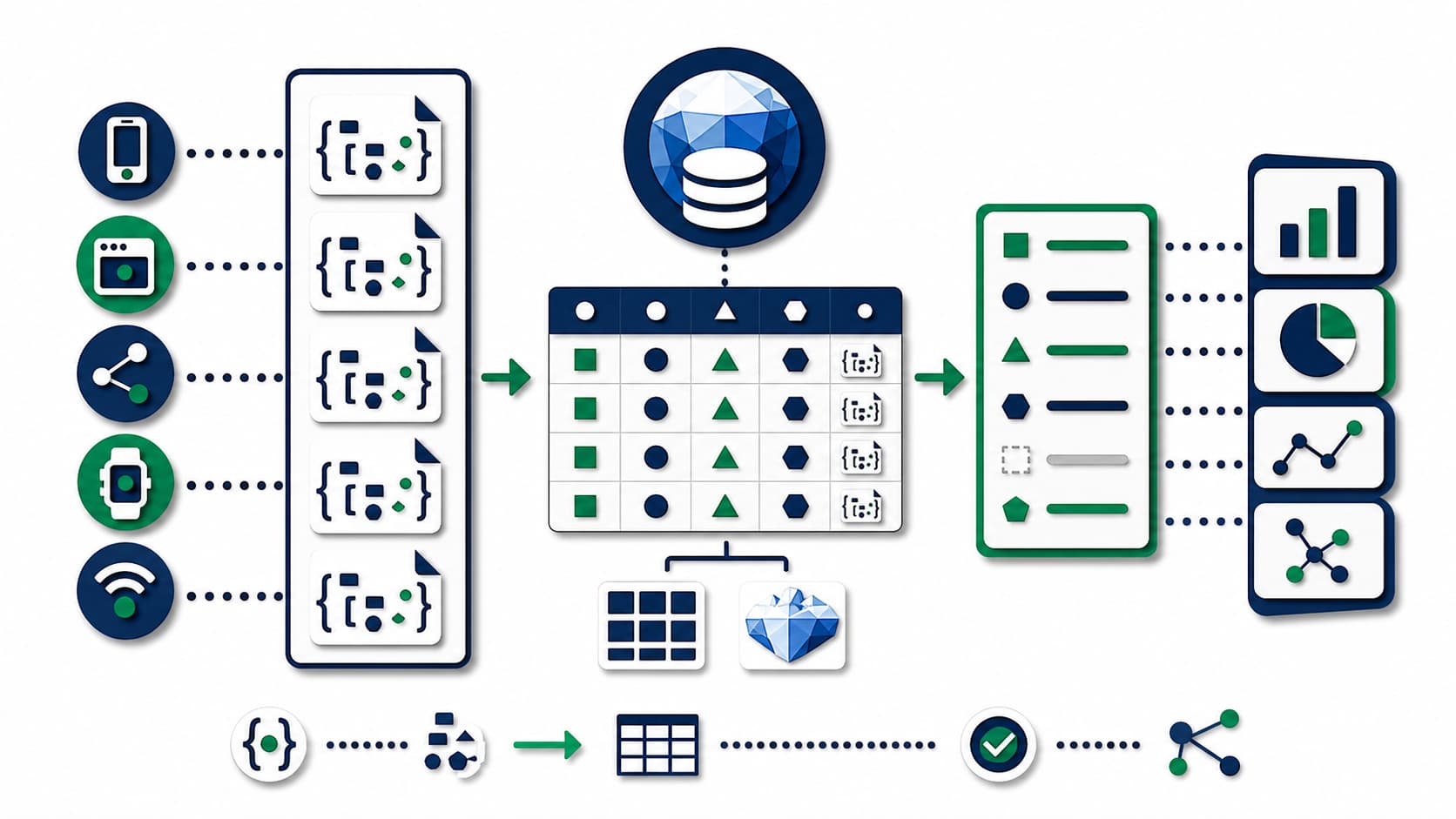 Layered papercut diagram showing nested AI payloads flowing into an Iceberg table with promoted governed columns